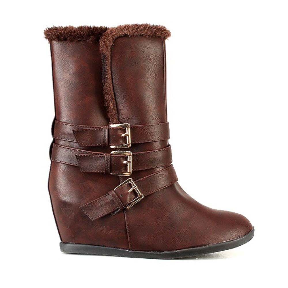 Dark Brown Faux Leather Buckle Boots!